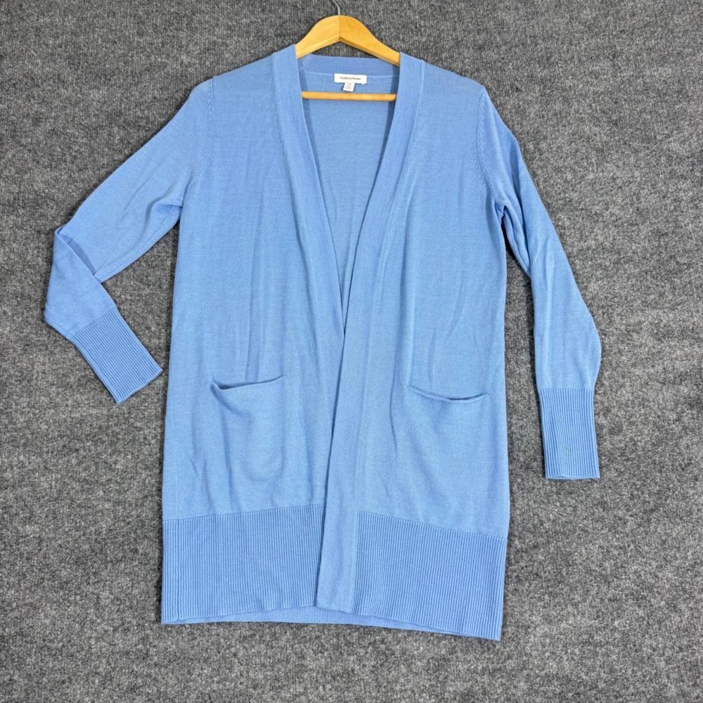 Nordstrom Cardigan Open Front Longline Womens XXS Blue Merino Wool Blend EUC